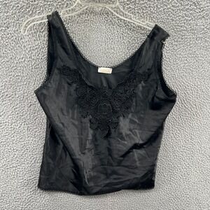 Vtg Black Lace Satin Tank Top M Gothic Boudoir Y2K Lingerie Coquette Camisole